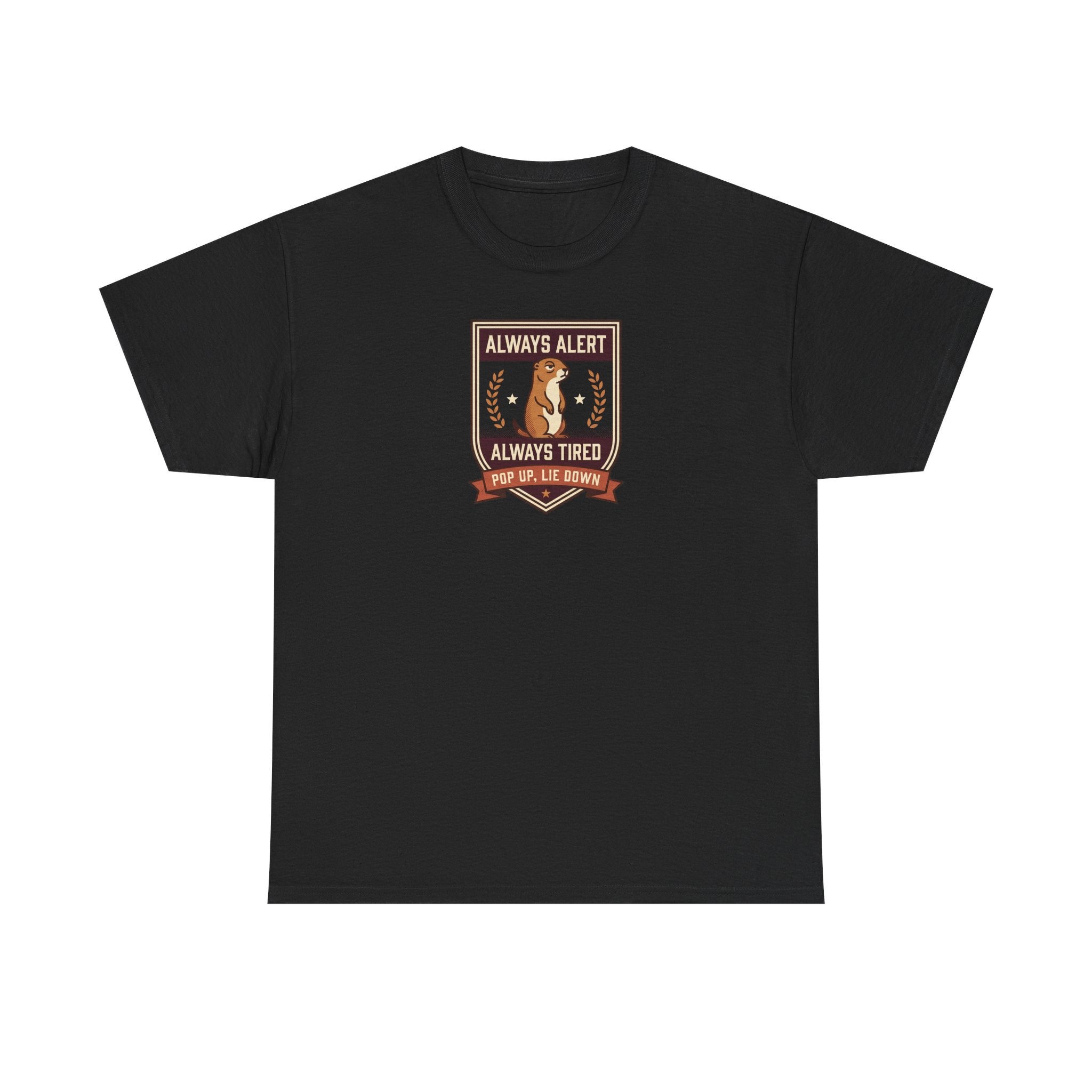 Black badge graphic T-shirt with “Always Alert” and “Always Tired” text