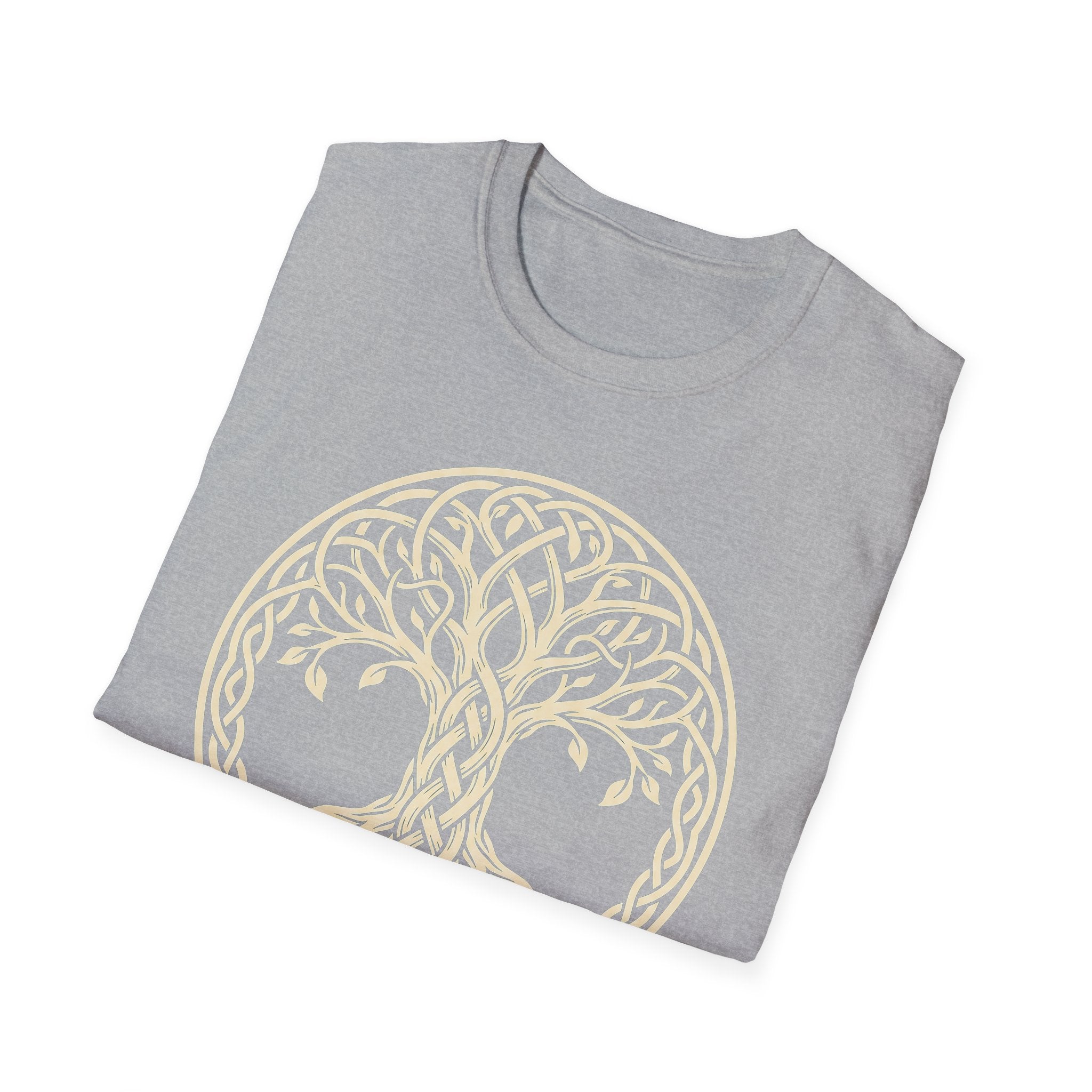 Heather gray T-shirt with Celtic tree of life knotwork circle graphic