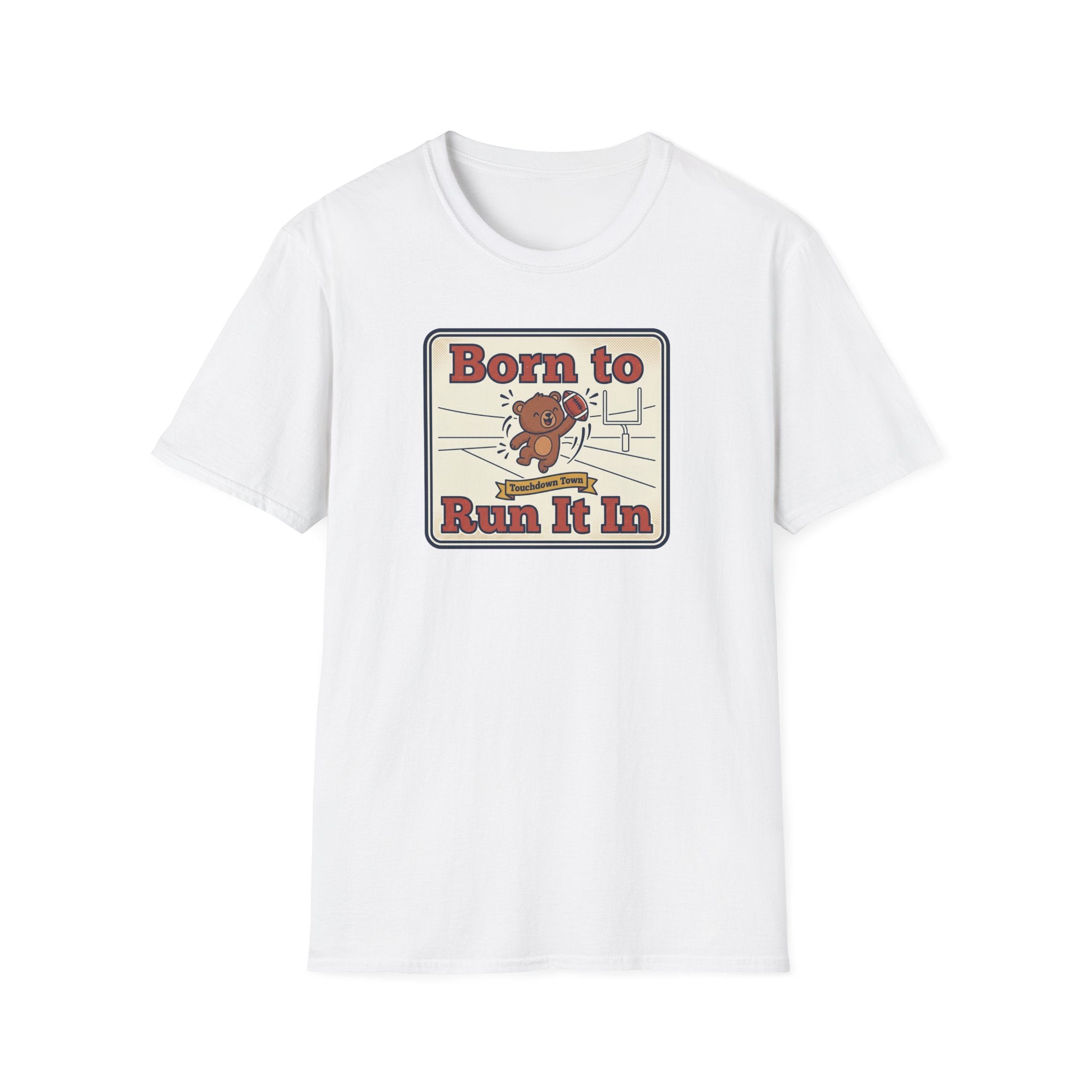 White T-shirt with bear “Born to Run It In” graphic on front