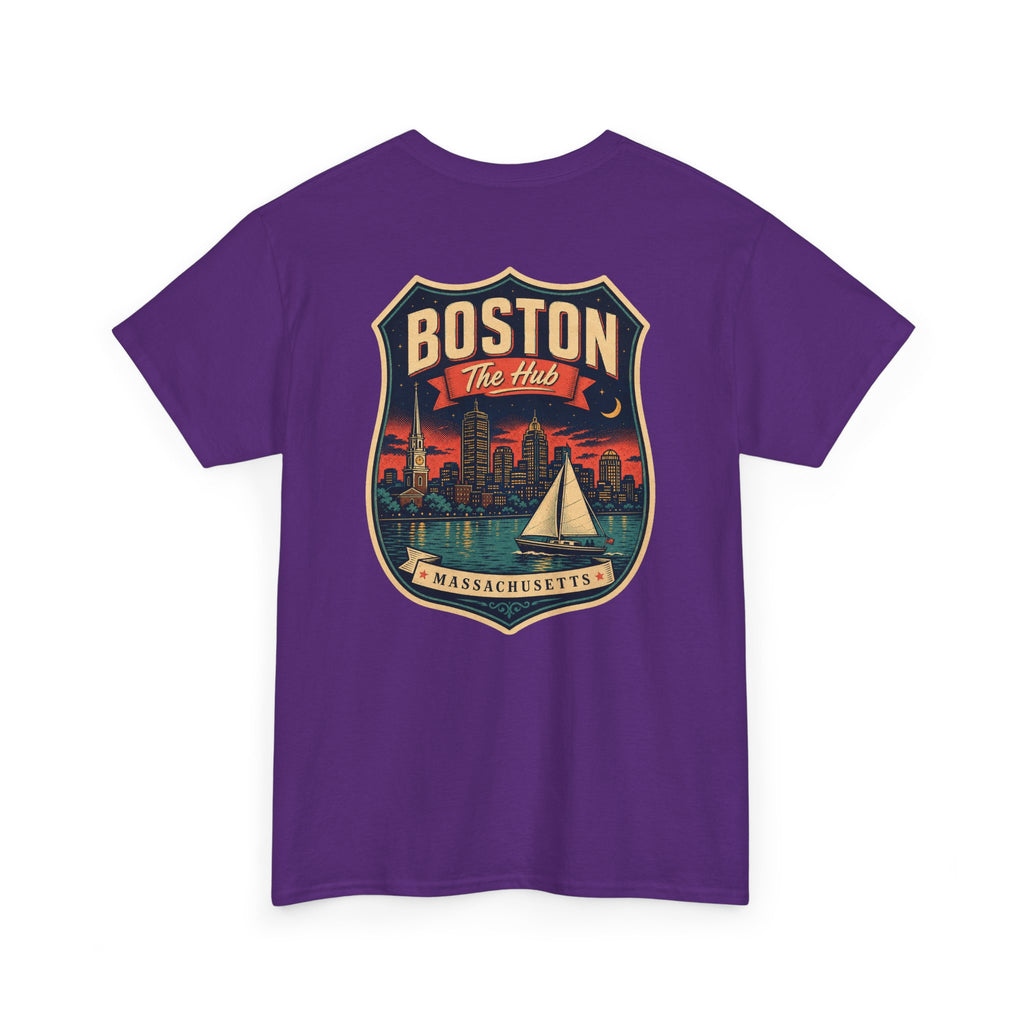 Purple city badge graphic T-shirt with sailboat and skyline crest