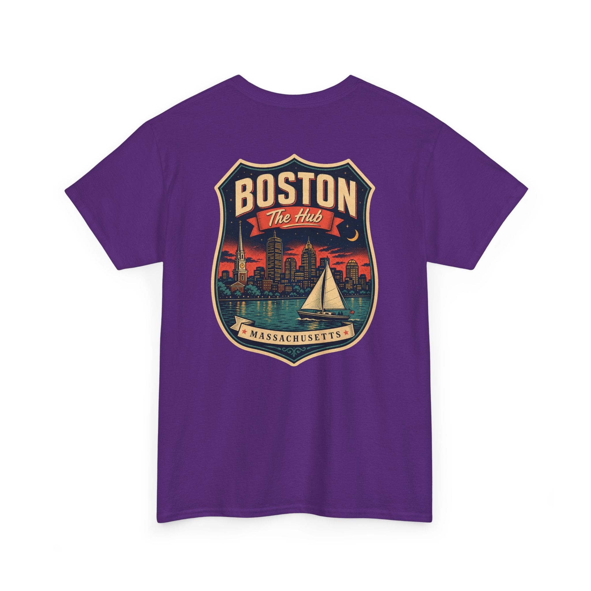 Purple city badge graphic T-shirt with sailboat and skyline crest