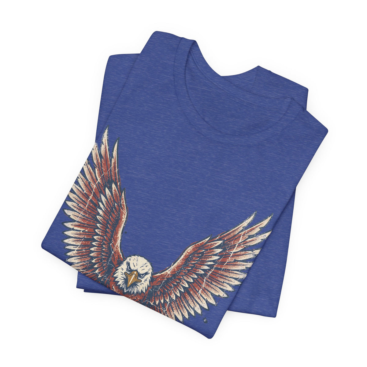 True royal blue T-shirt with partial bald eagle wing graphic on stacked shirts