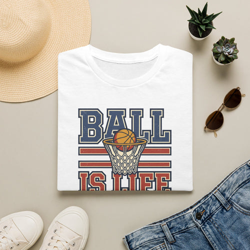 White basketball T-shirt with retro hoop 'Ball Is Life' graphic