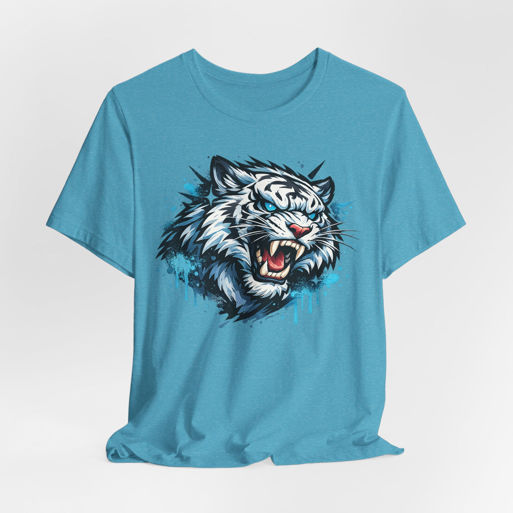 Teal short-sleeve T-shirt with roaring tiger head graphic in blue drip style