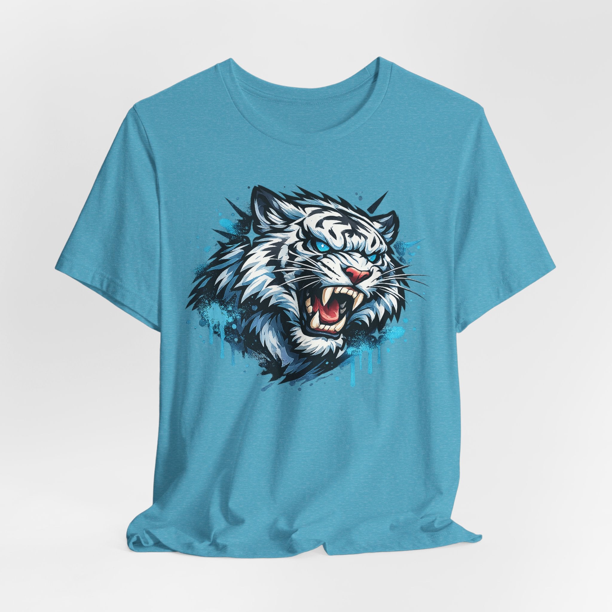 Teal short-sleeve T-shirt with roaring tiger head graphic in blue drip style