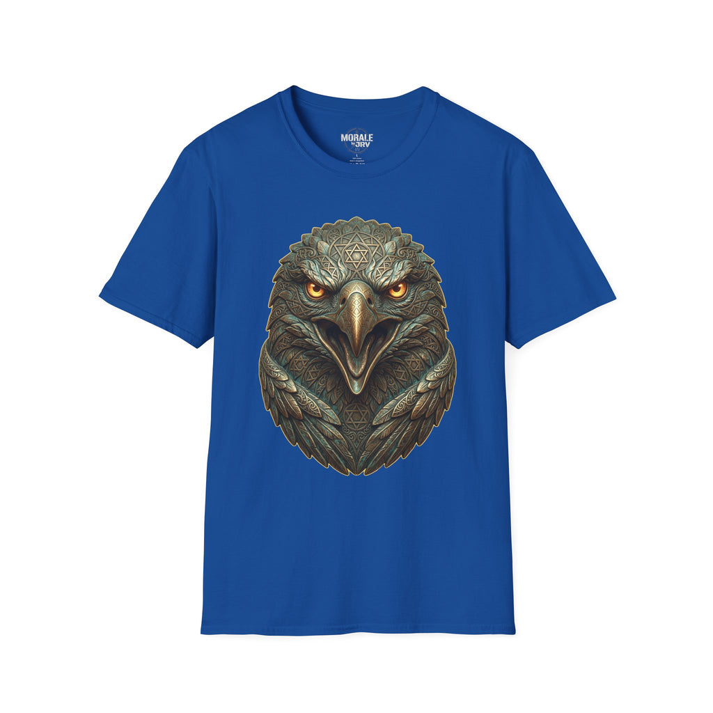 Royal blue T-shirt, realistic eagle head print with golden eyes