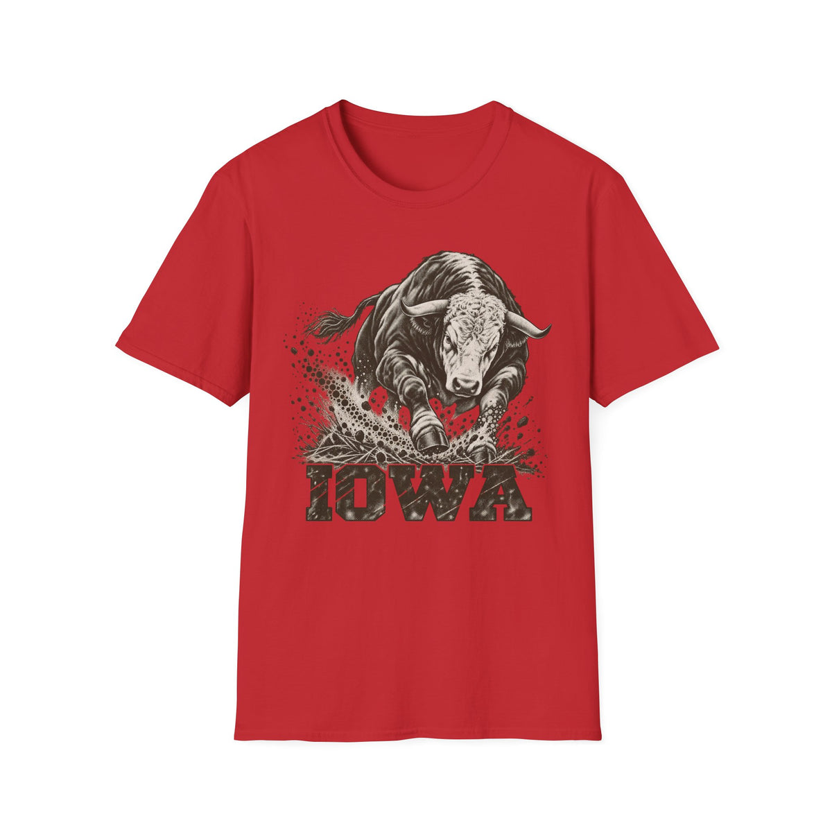 Red crewneck t-shirt with charging bull and Iowa graphic print on front