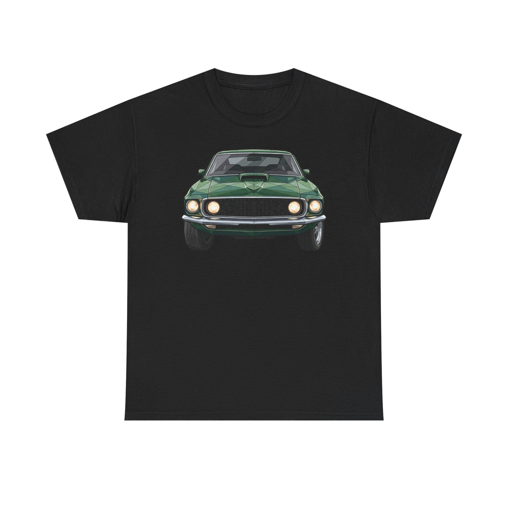 Black crew-neck T-shirt with vintage green muscle car front graphic