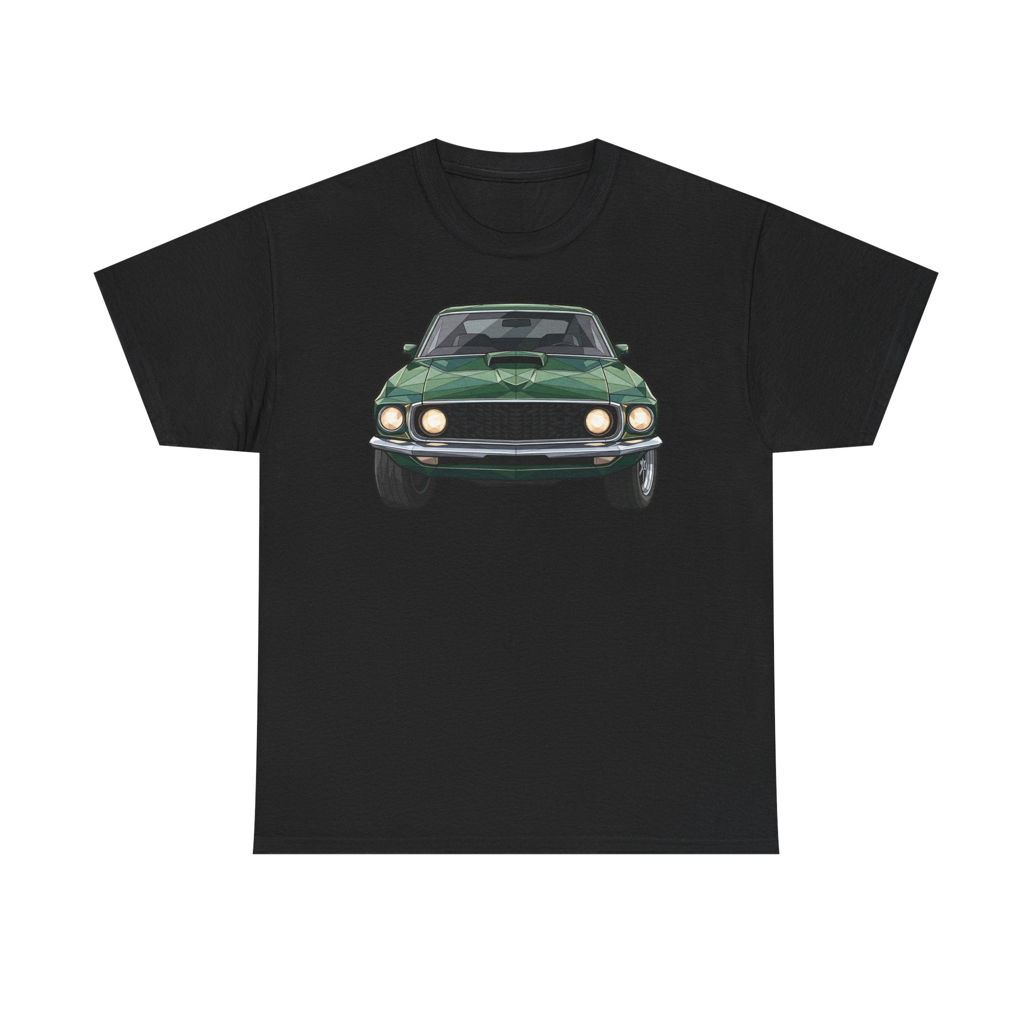 Black crew-neck T-shirt with vintage green muscle car front graphic