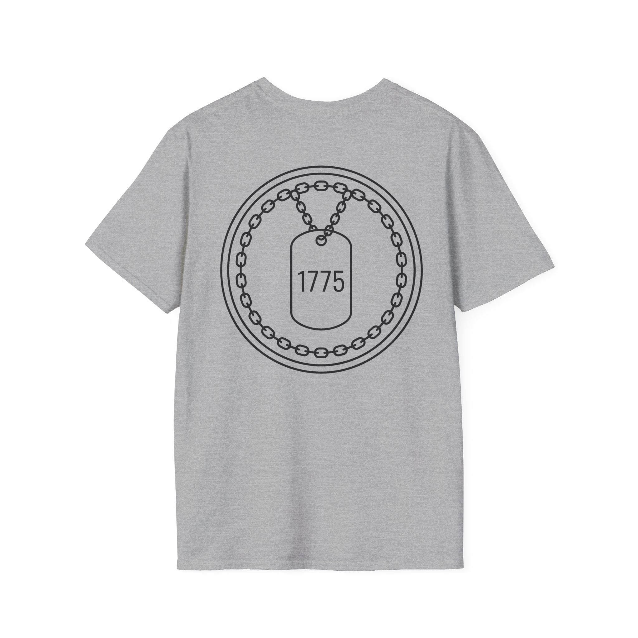 Light gray T-shirt with circular 1775 dog tag emblem print