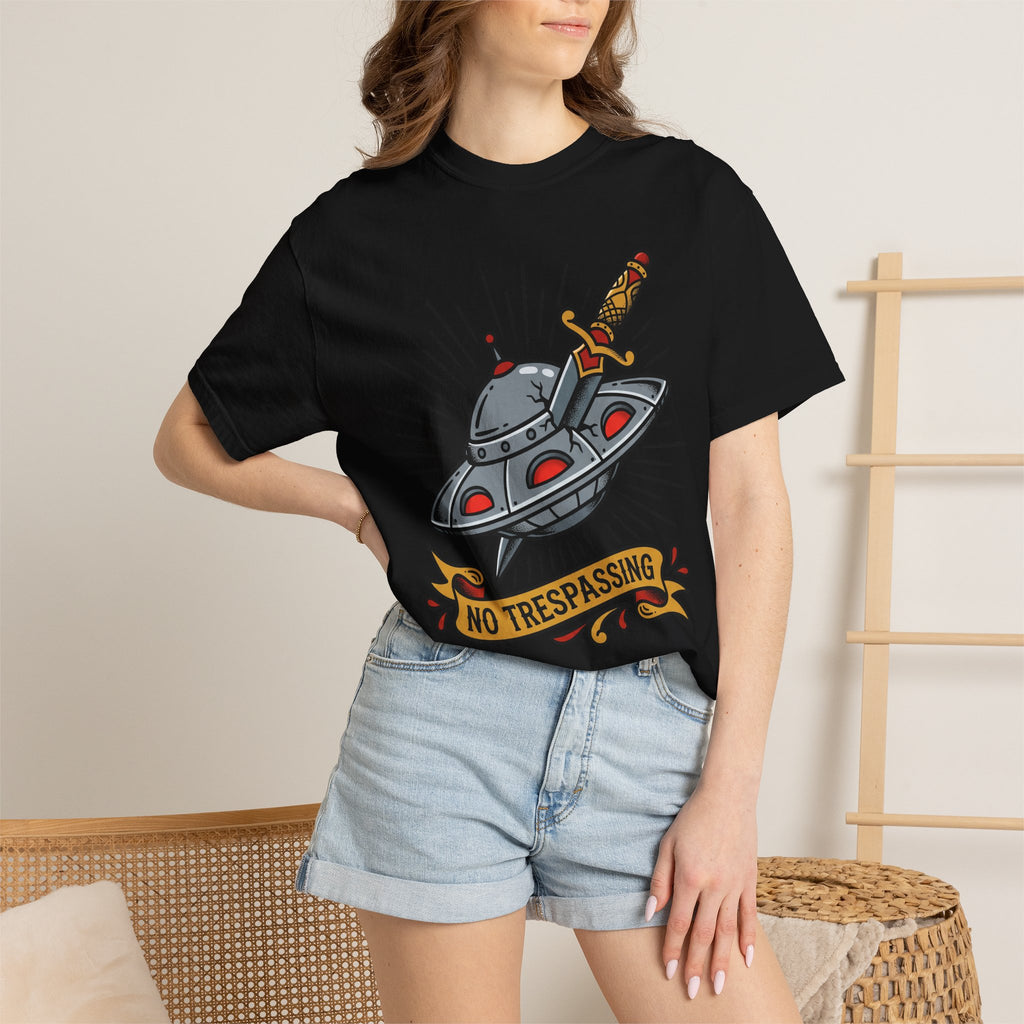 Black T-shirt with retro UFO dagger and 'No trespassing' graphic