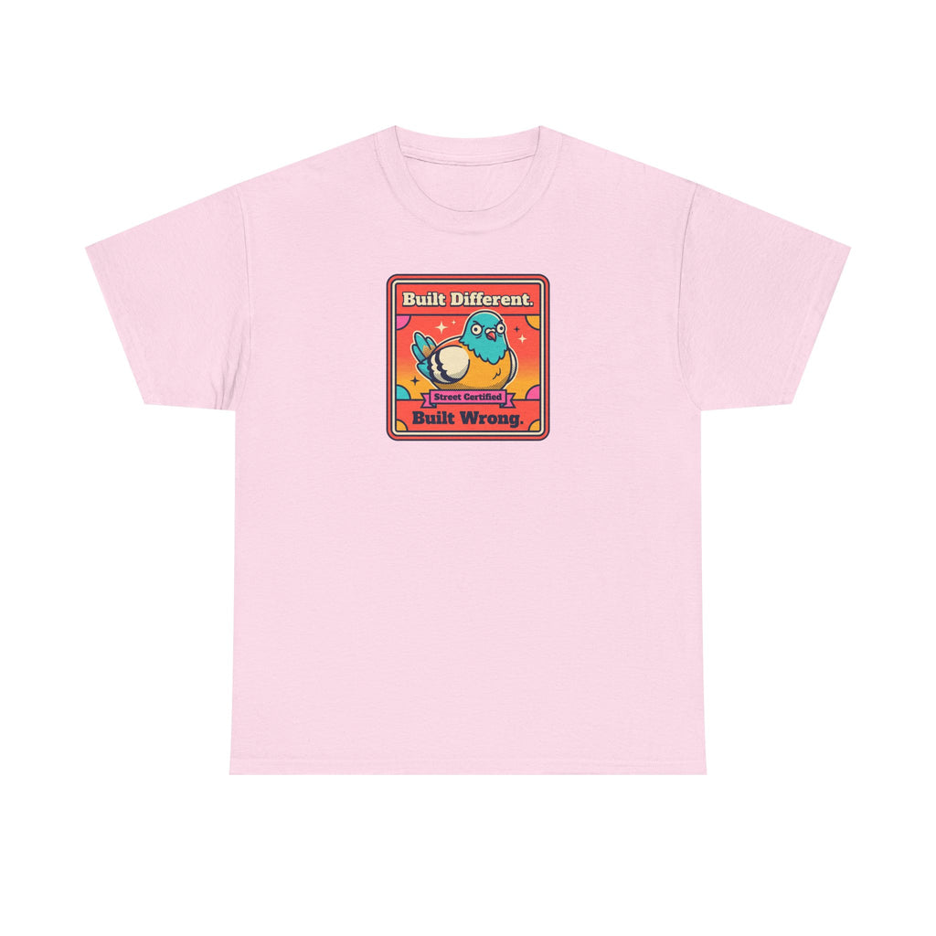 Pink graphic T-shirt with bird logo in a red-bordered square on the chest