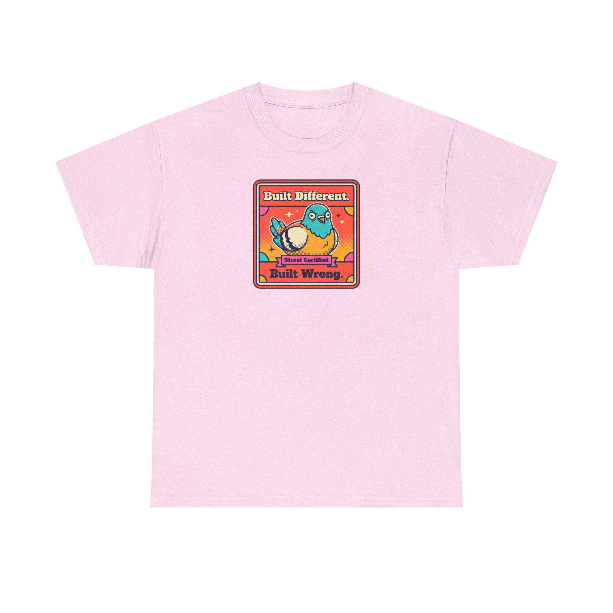 Pink graphic T-shirt with bird logo in a red-bordered square on the chest