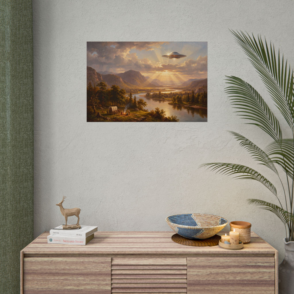 Landscape rolled poster with scenic river valley, sunset clouds, and a flying saucer