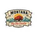 Montana bison vinyl sticker with mountains and "Big Sky Country" text, kiss-cut outline