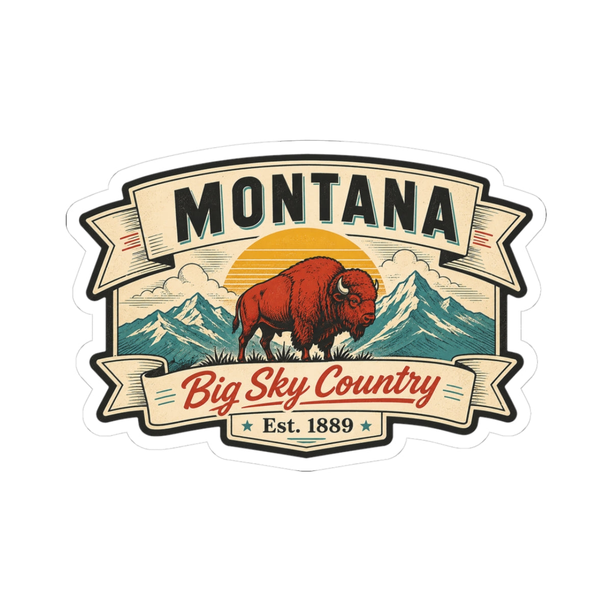 Montana bison vinyl sticker with mountains and "Big Sky Country" text, kiss-cut outline