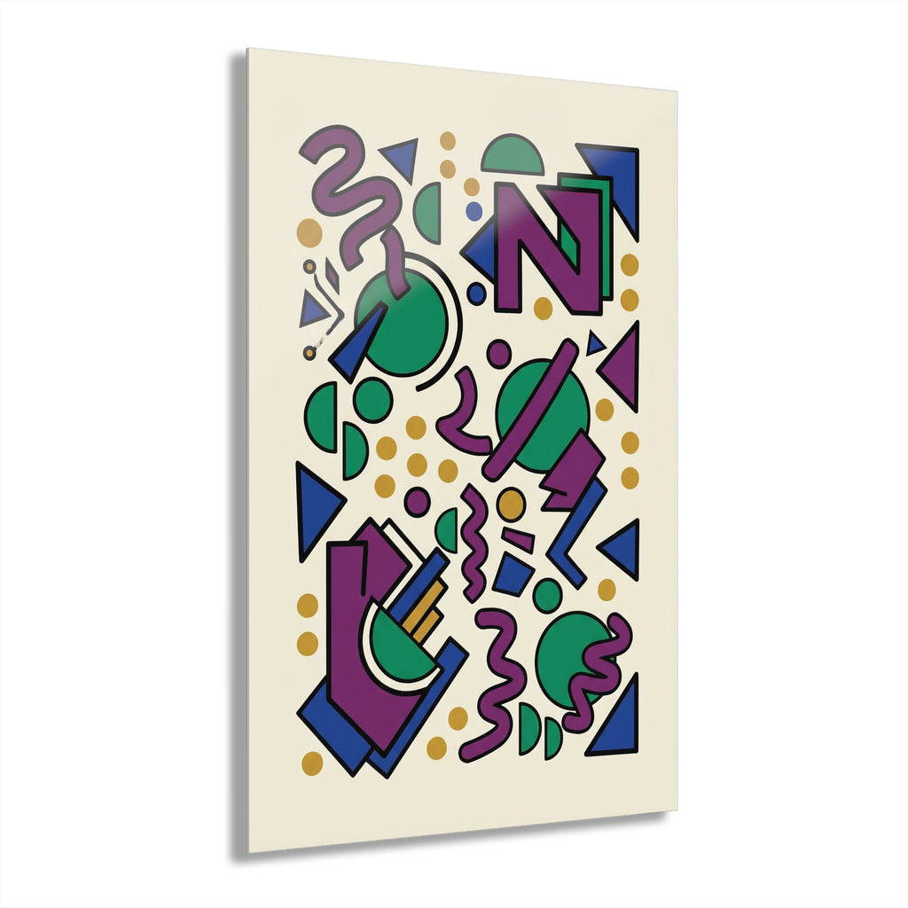 Memphis Group wall art: playful geometric print with purple, green, blue shapes on cream