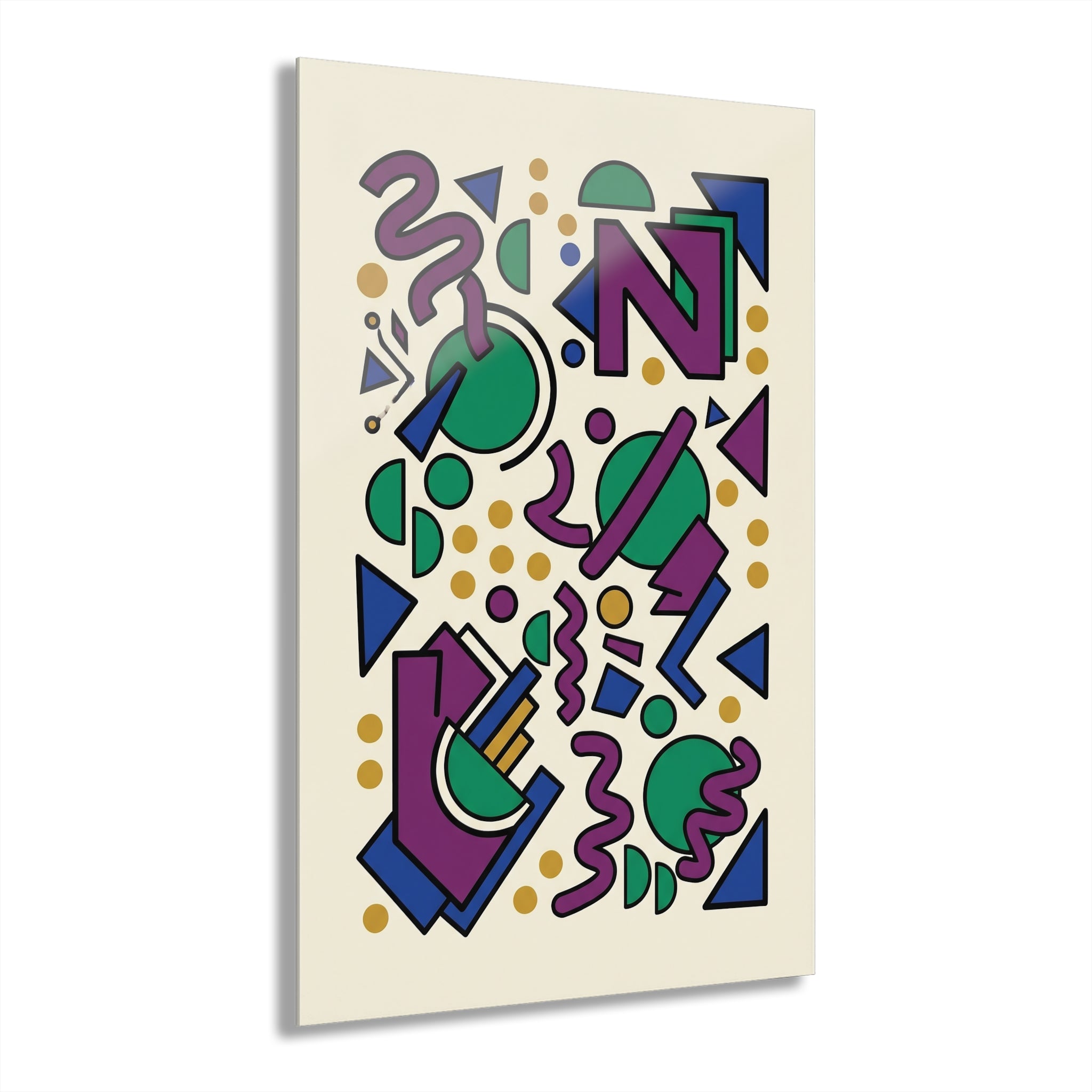 Memphis Group wall art: playful geometric print with purple, green, blue shapes on cream