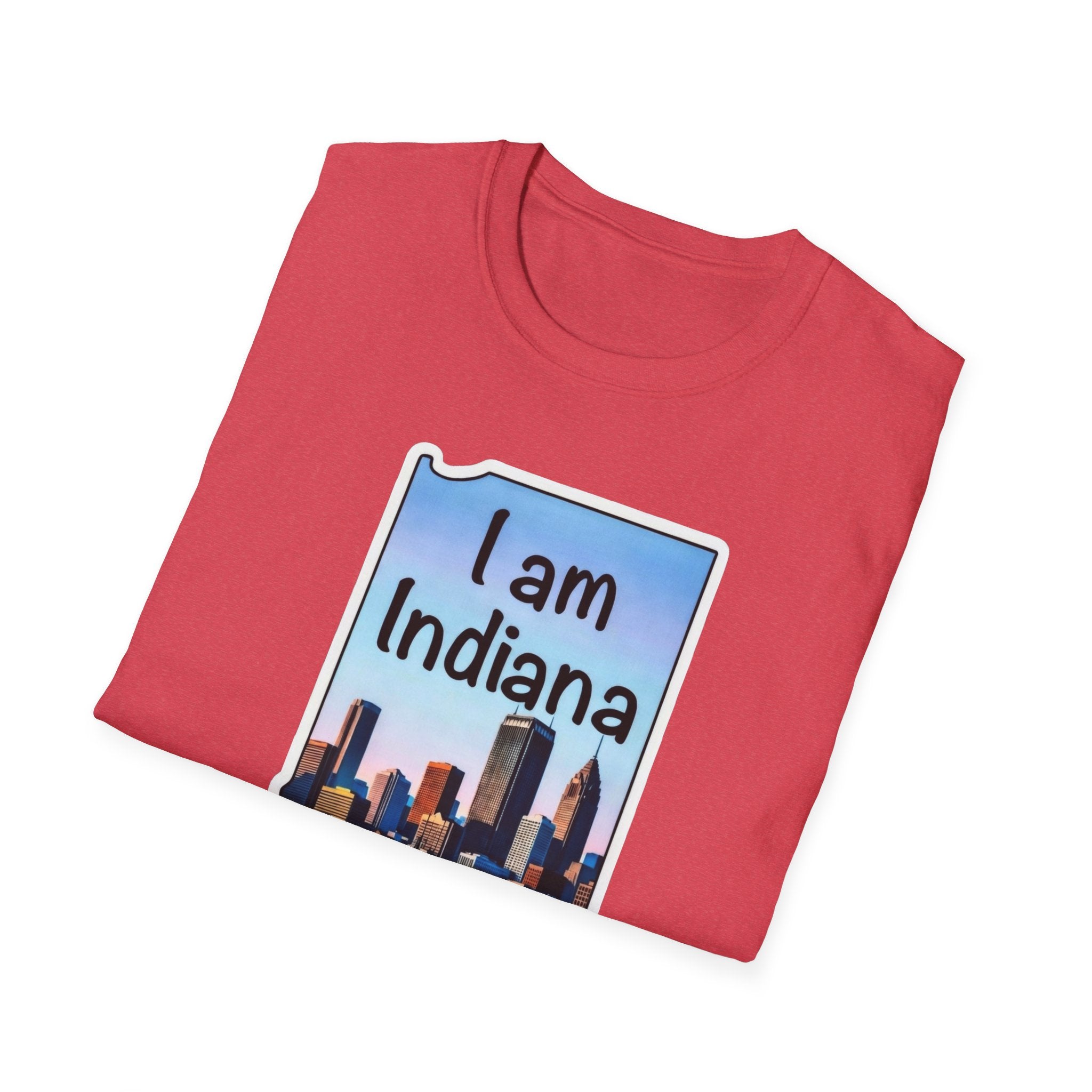 I am Indiana T‑Shirt, rot meliert, Frontaufdruck mit „I am Indiana“ und Skyline