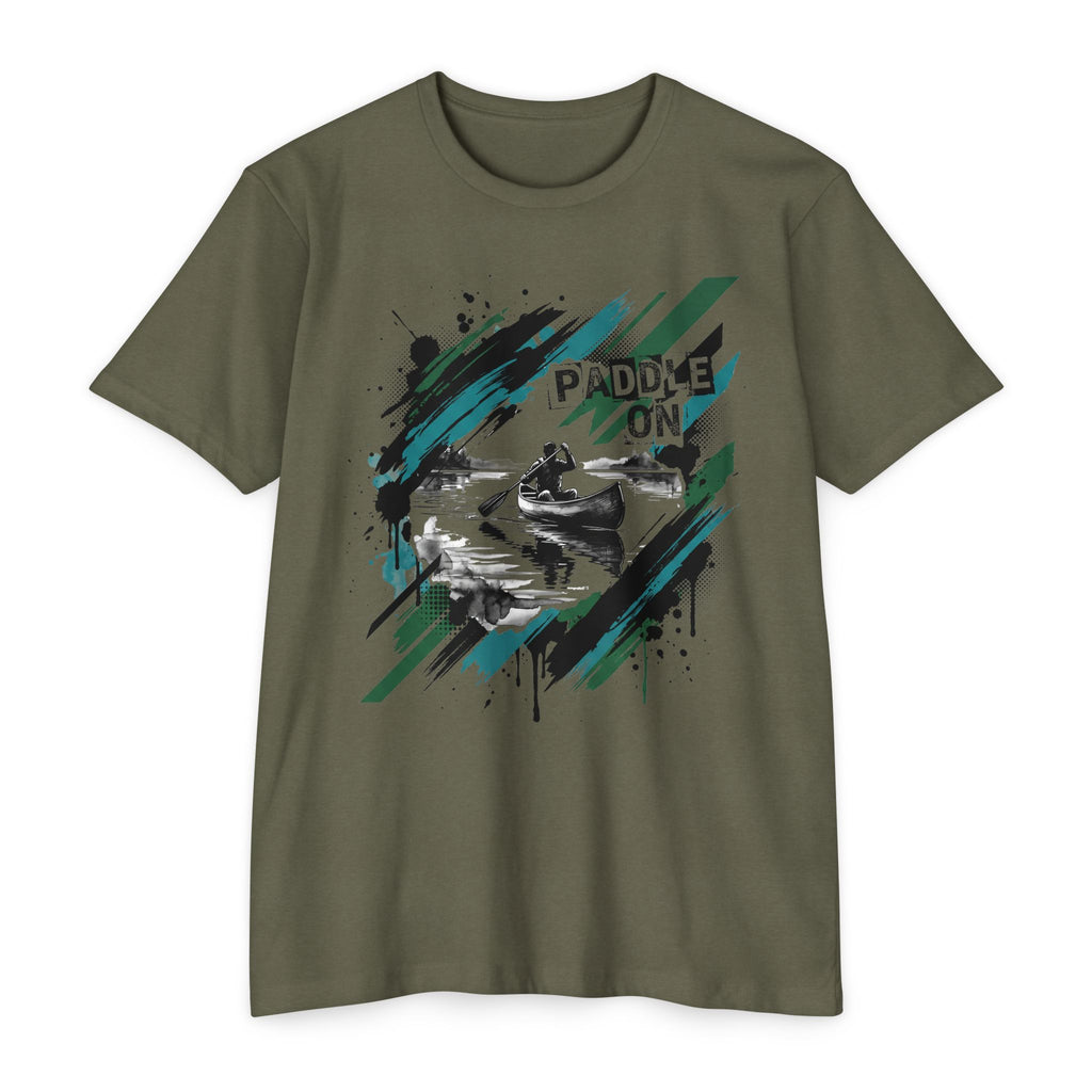 Olive green T-shirt with front kayaking graphic reading “PADDLE ON”