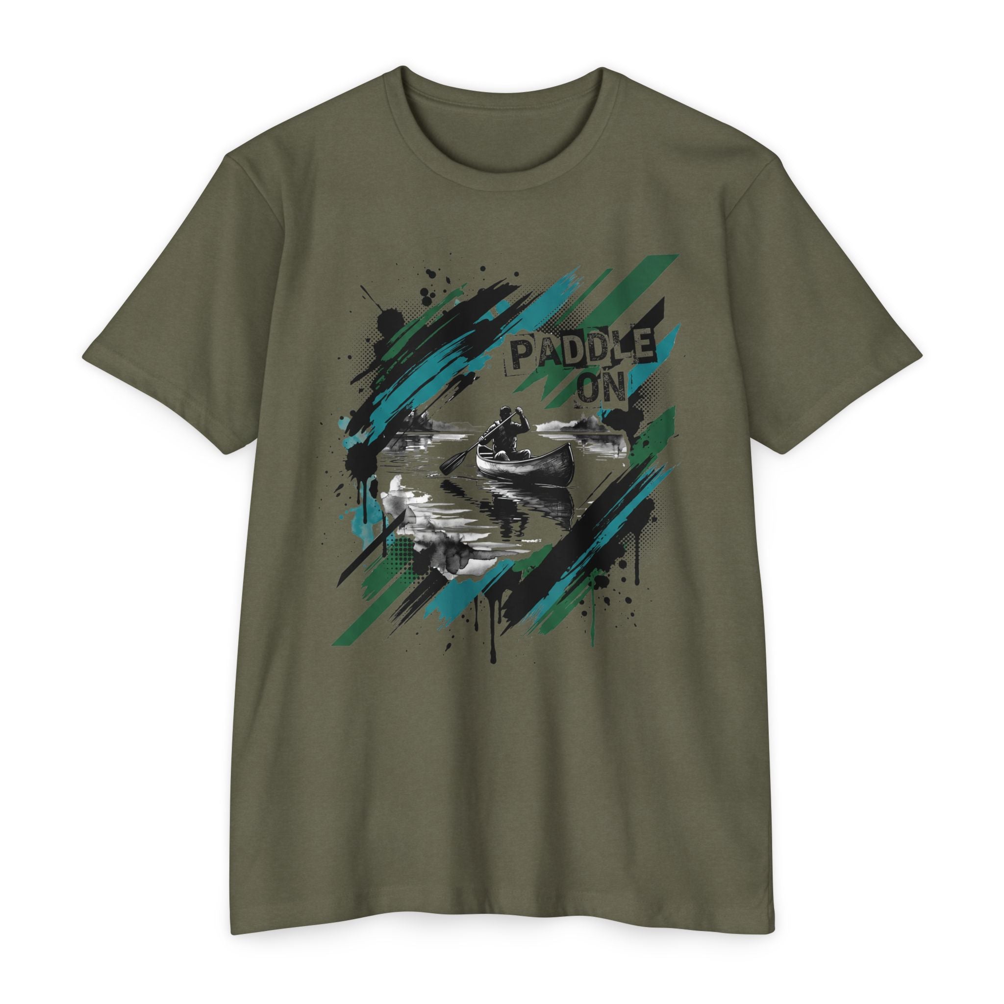 Olive green T-shirt with front kayaking graphic reading “PADDLE ON”
