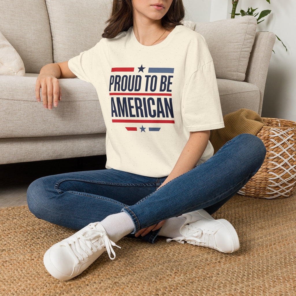 Light cream T-shirt with “PROUD TO BE AMERICAN” flag-style text graphic.