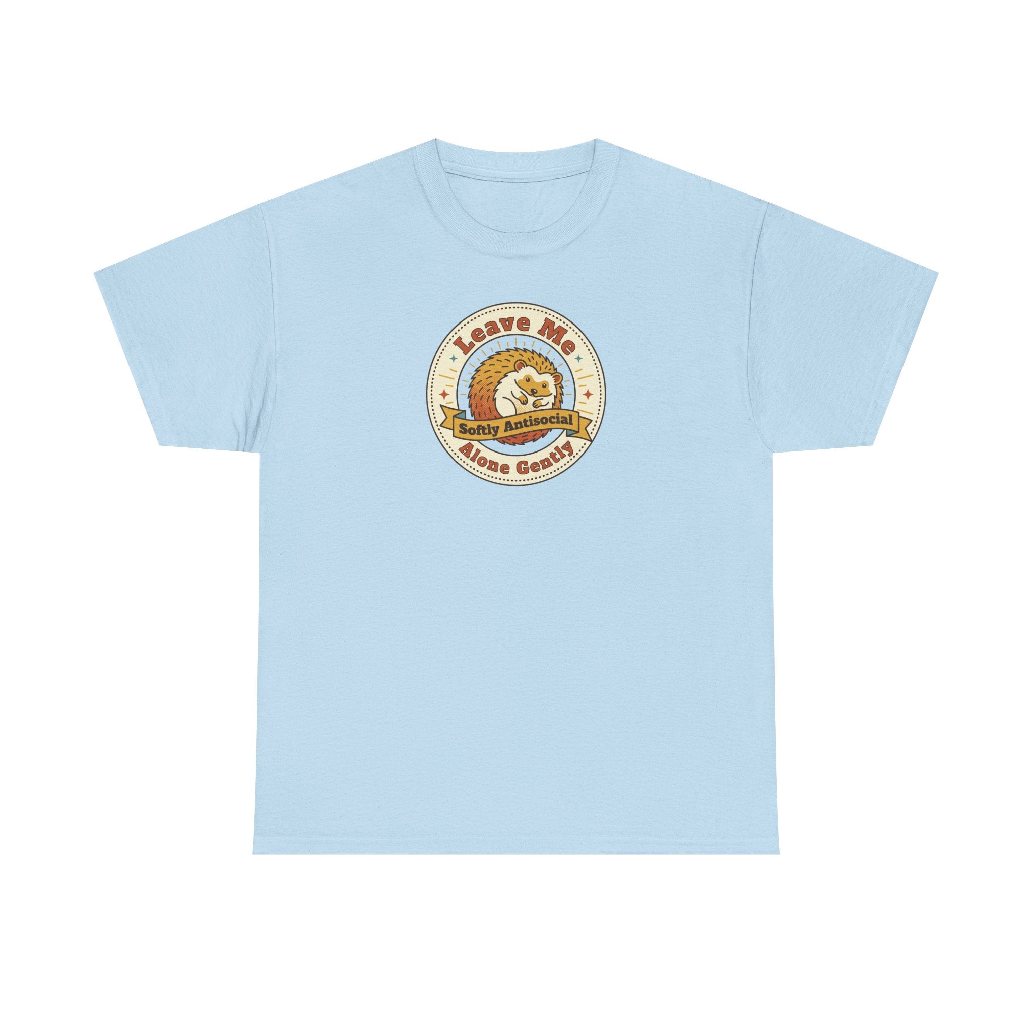 Light blue T-shirt with circular graphic emblem at chest