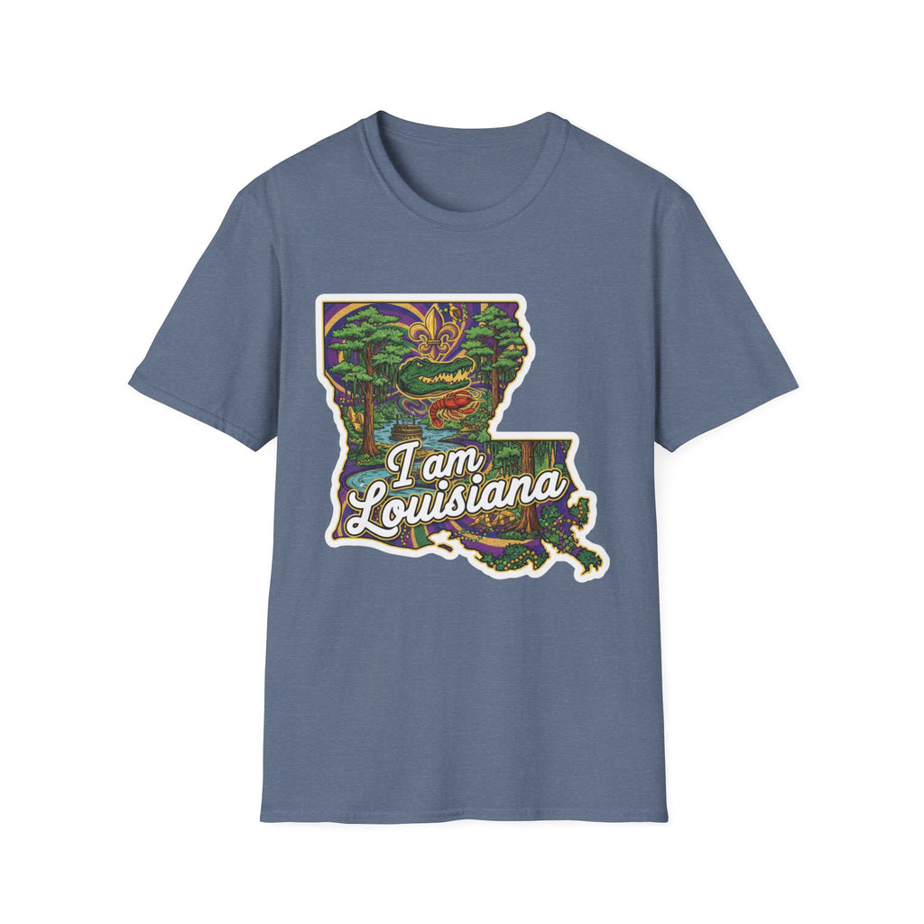 Camiseta azul heather con mapa de Luisiana multicolor y texto “I am Louisiana”