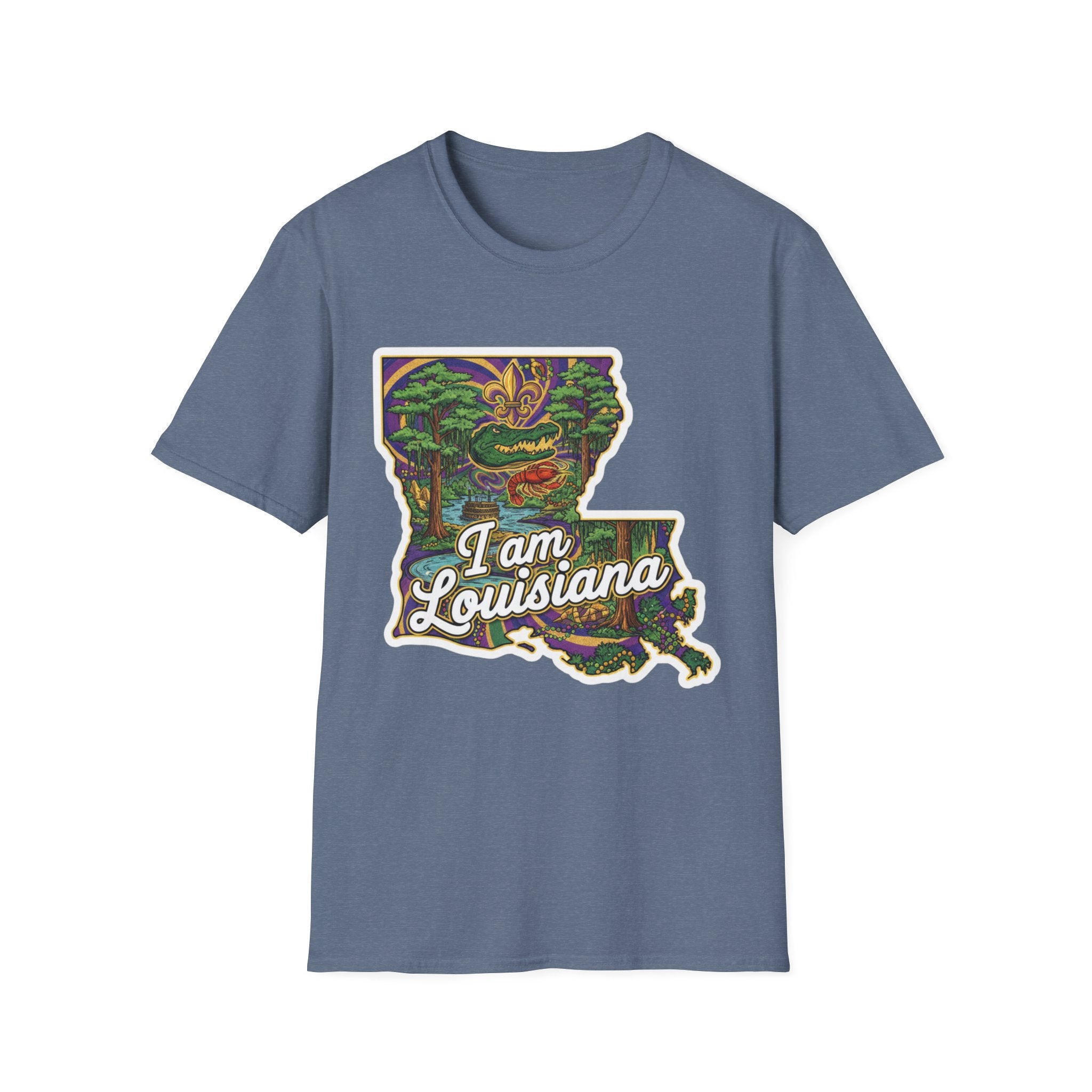 Camiseta azul heather con mapa de Luisiana multicolor y texto “I am Louisiana”