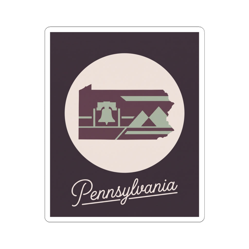 Pennsylvania state silhouette decal sticker, purple background with circular emblem and “Pennsylvania” script
