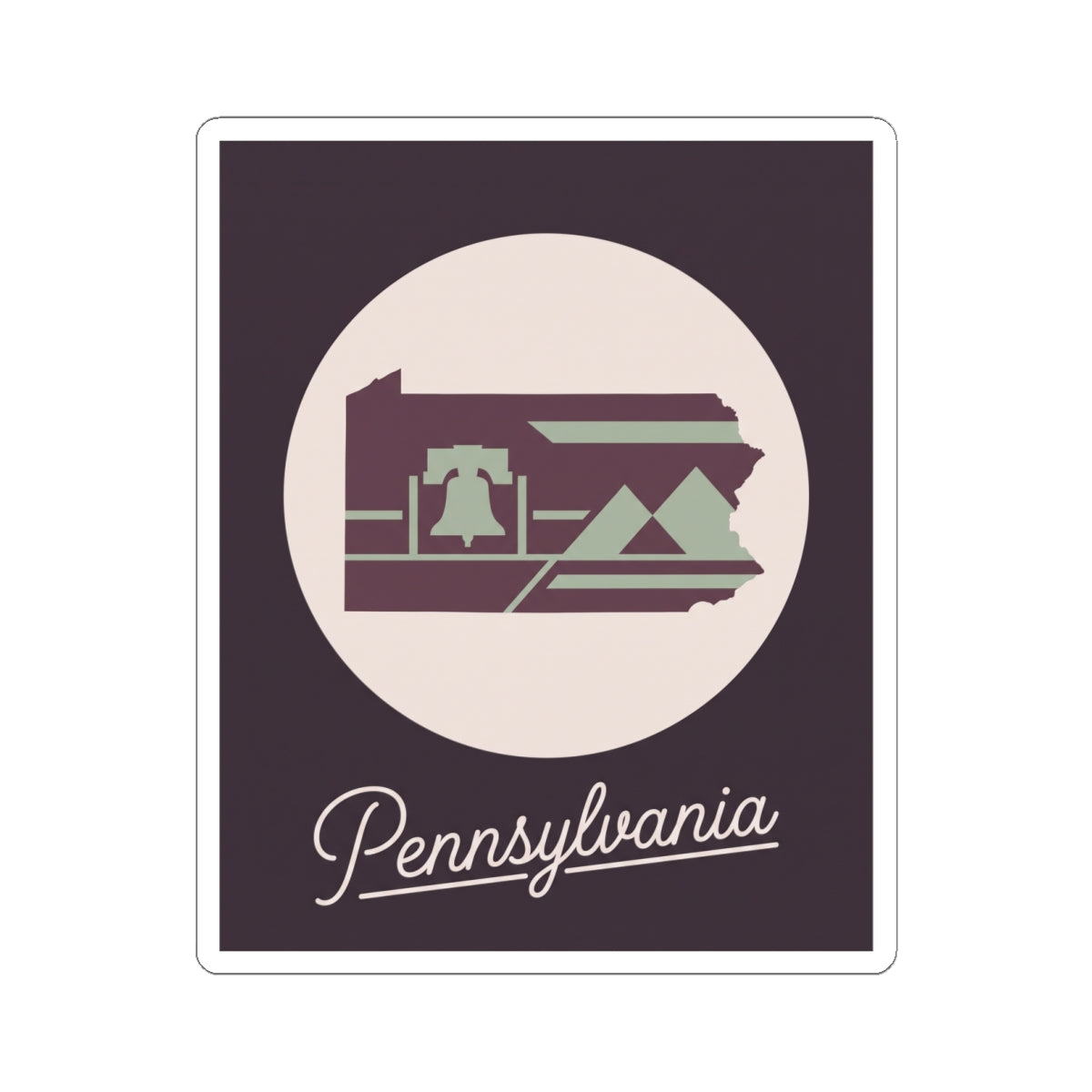 Pennsylvania state silhouette decal sticker, purple background with circular emblem and “Pennsylvania” script