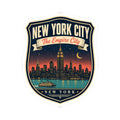 Die-cut luggage tag sticker: New York City “The Empire City” crest with waterfront skyline