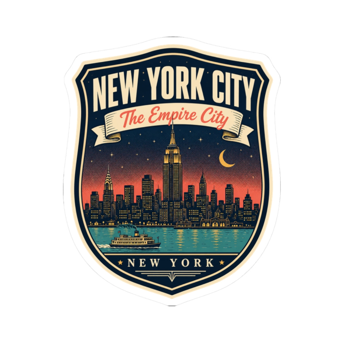 Die-cut luggage tag sticker: New York City “The Empire City” crest with waterfront skyline
