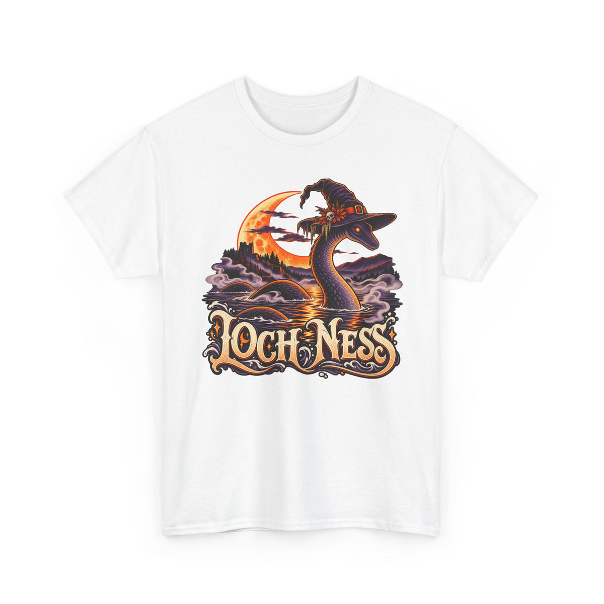White crewneck T-shirt with Loch Ness monster wearing witch hat graphic