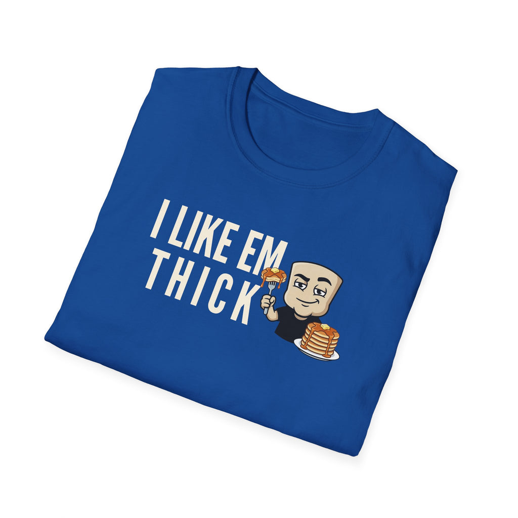 Blue T-shirt with 'I LIKE EM THICK' graphic and cartoon holding a pancake stack