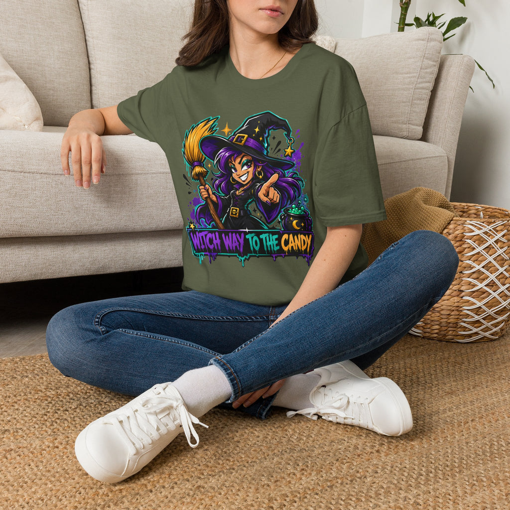 Olive Halloween T-shirt with colorful witch holding a broom graphic on the chest