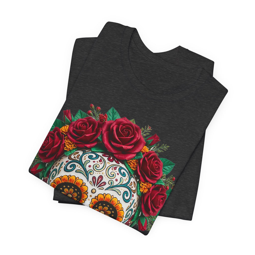 Dark Grey Heather T-shirt with sugar skull face and red rose crown graphic