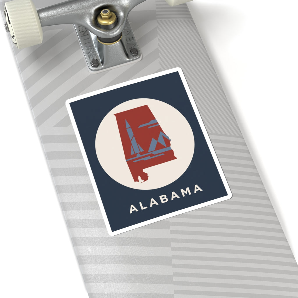 Square Alabama sticker with red state landmark, white circle, and ALABAMA text on navy