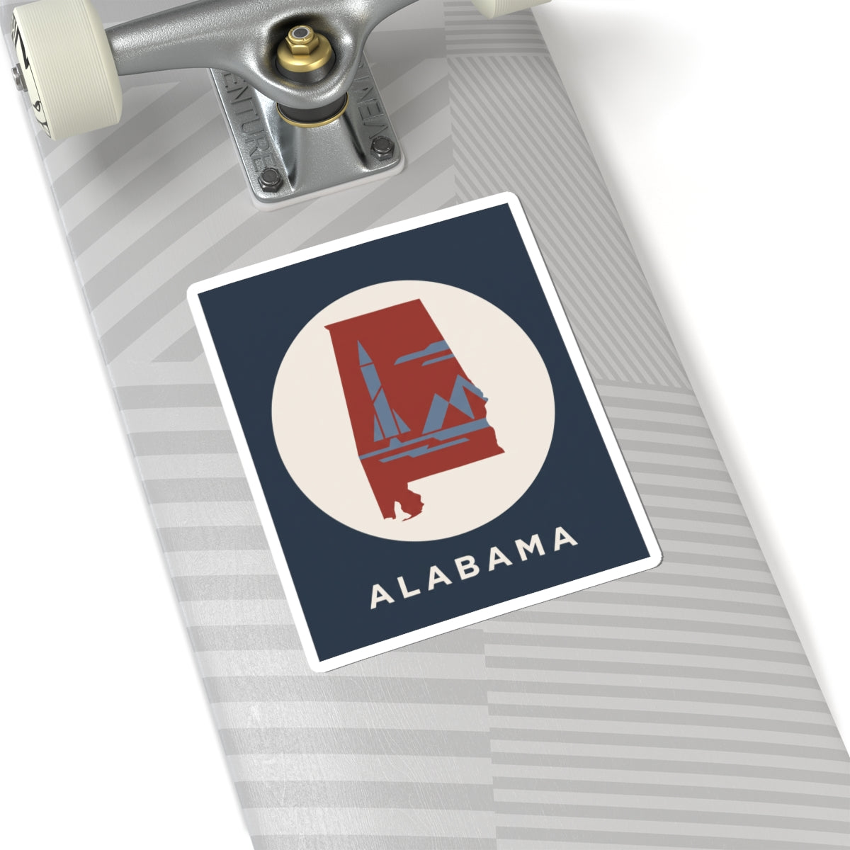 Square Alabama sticker with red state landmark, white circle, and ALABAMA text on navy