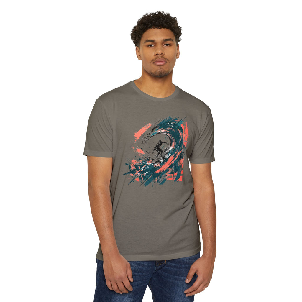 Dark gray T-shirt with wave paintbrush graphic on the chest, crew neck