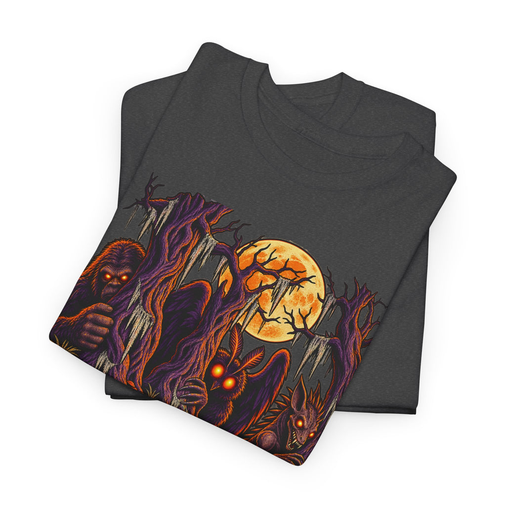 Dark heather Halloween graphic t-shirt with monster and orange full-moon print