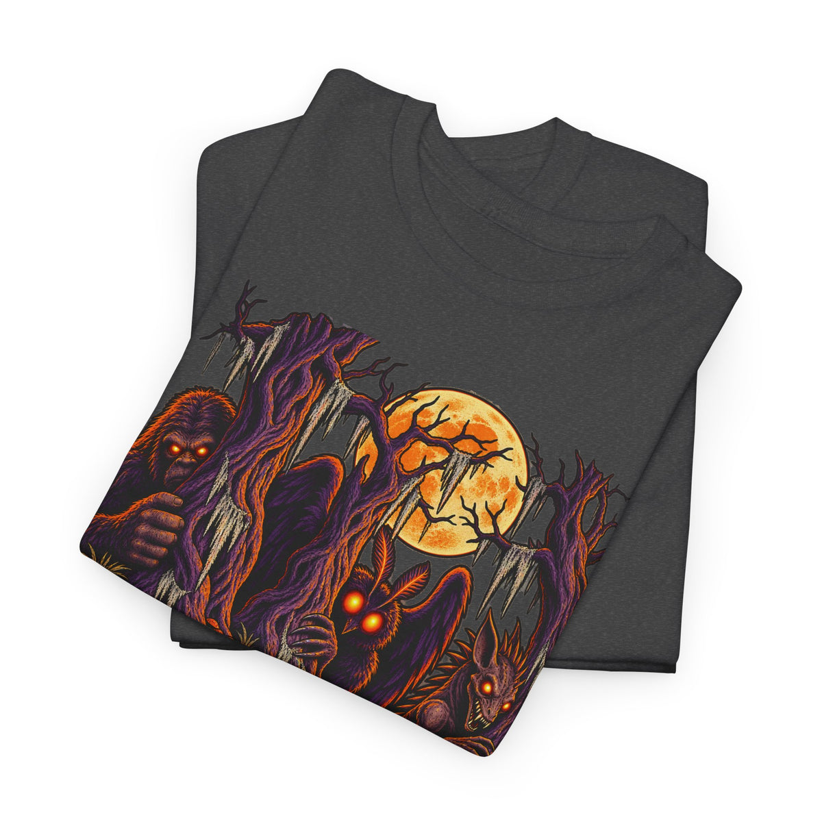 Dark heather Halloween graphic t-shirt with monster and orange full-moon print