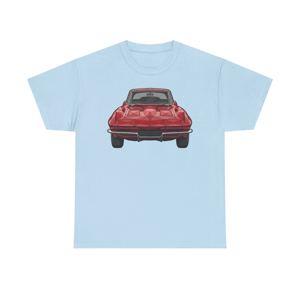 Light blue T-shirt with red retro sports coupe graphic on the chest