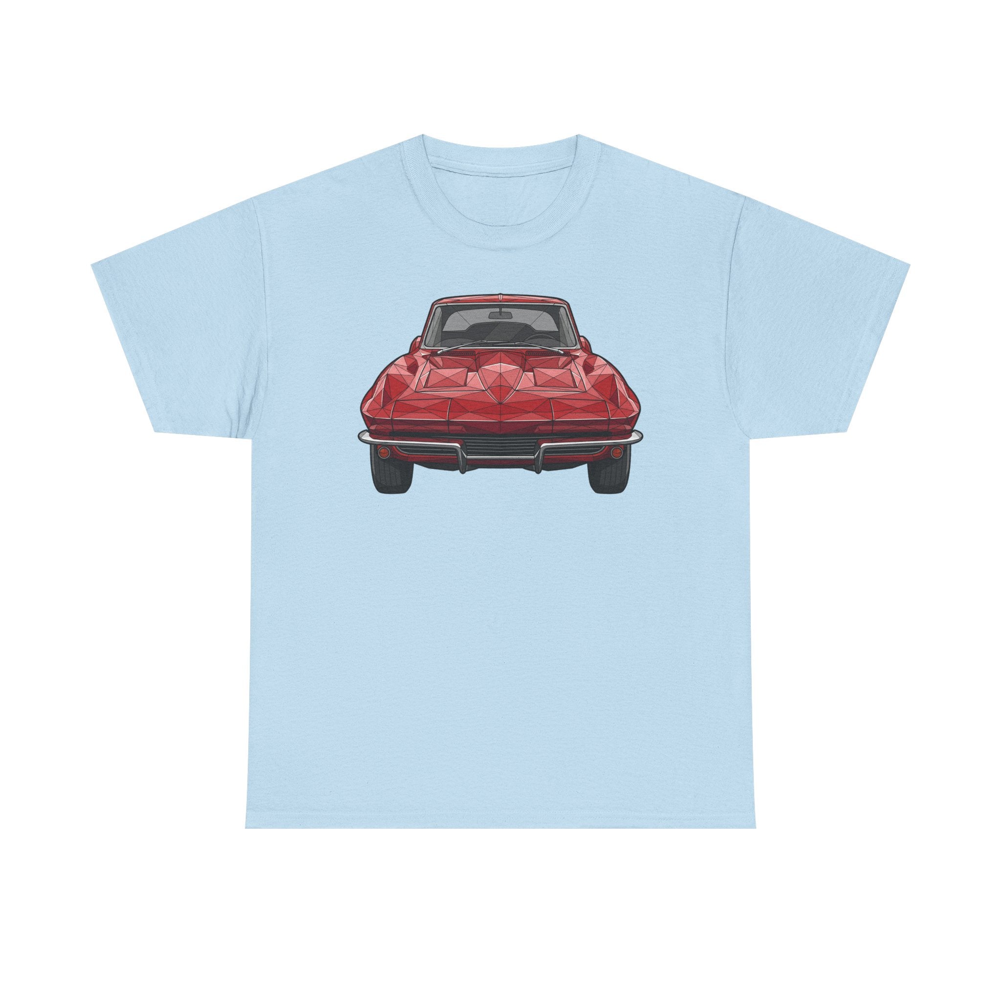 Light blue T-shirt with red retro sports coupe graphic on the chest
