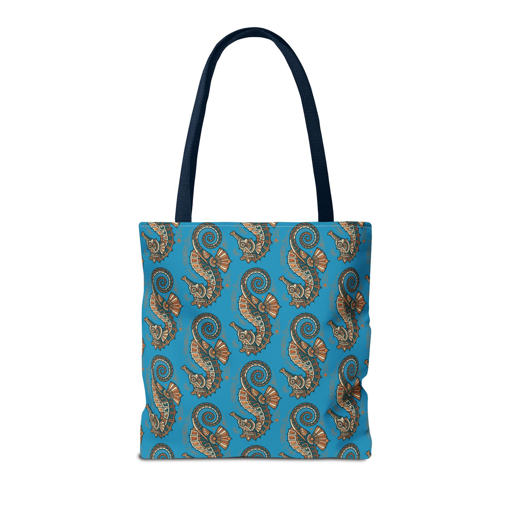 Ocean-blue square tote bag with steampunk seahorse pattern and navy handles