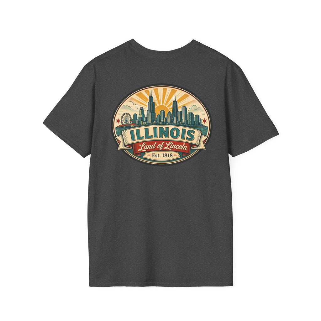 Charcoal T-shirt with circular Illinois skyline badge, Est. 1818