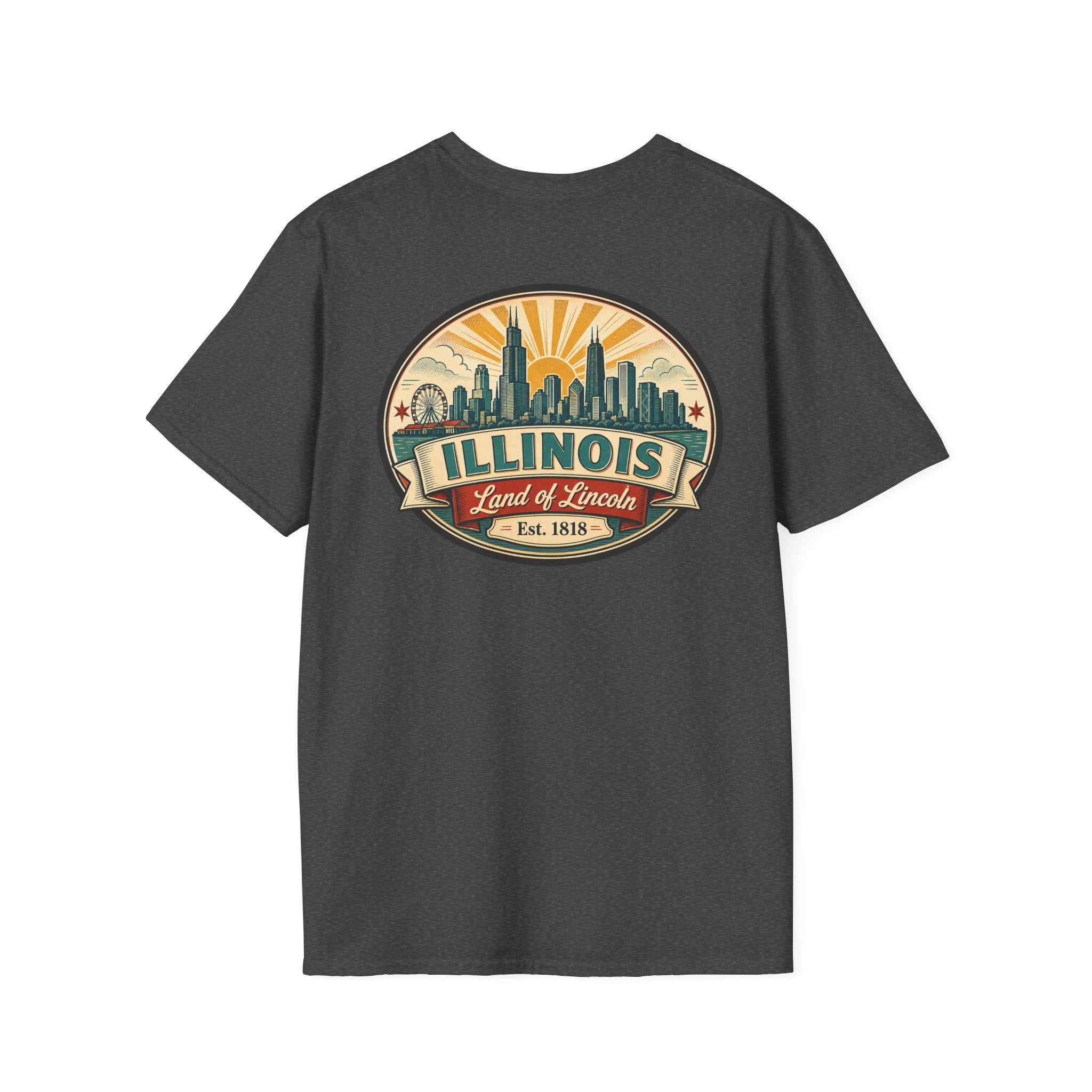 Charcoal T-shirt with circular Illinois skyline badge, Est. 1818
