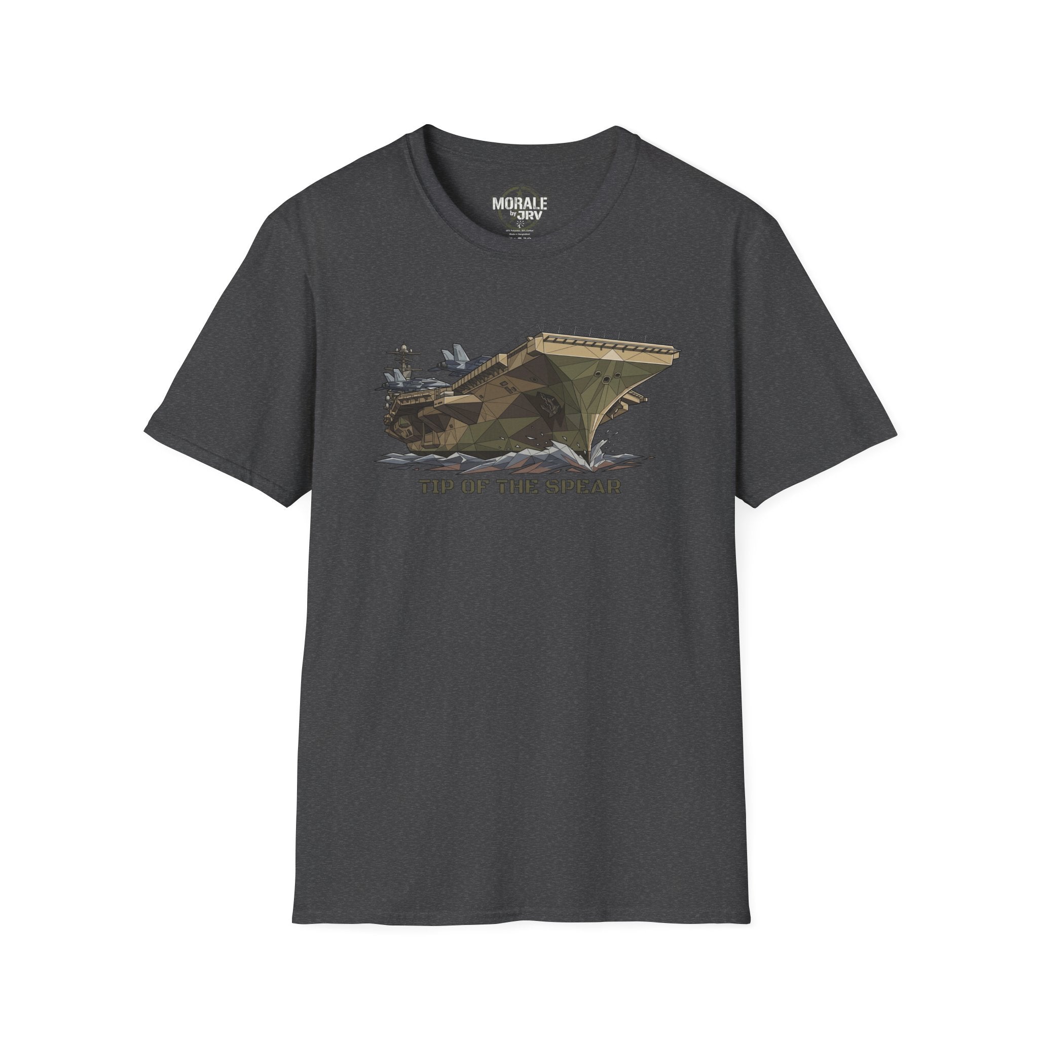 Dark gray T-shirt with worn-style tank illustration and “TIP OF THE SPEAR” print