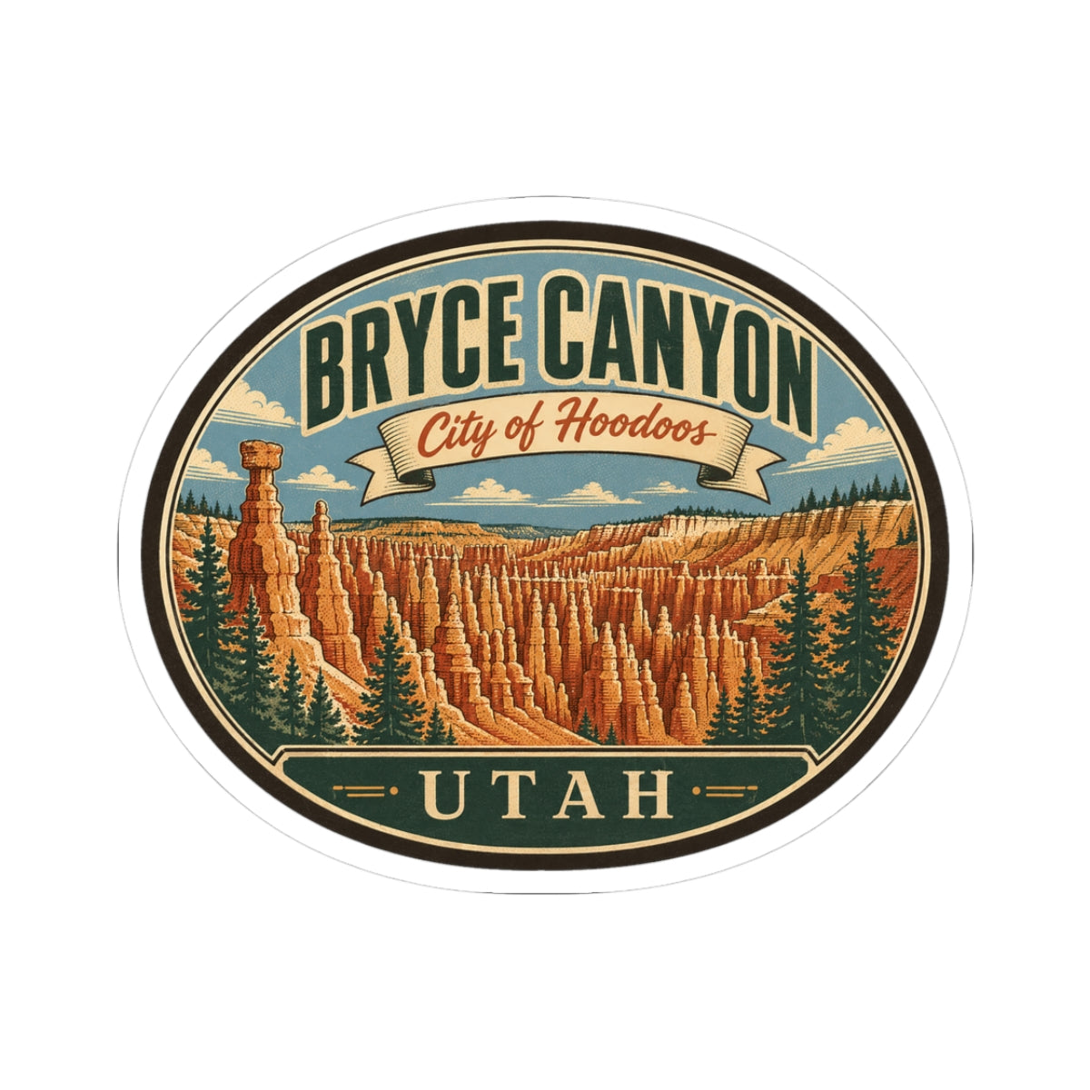 Round sticker with Bryce Canyon hoodoo landscape, 'City of Hoodoos' banner, 'UTAH' text.