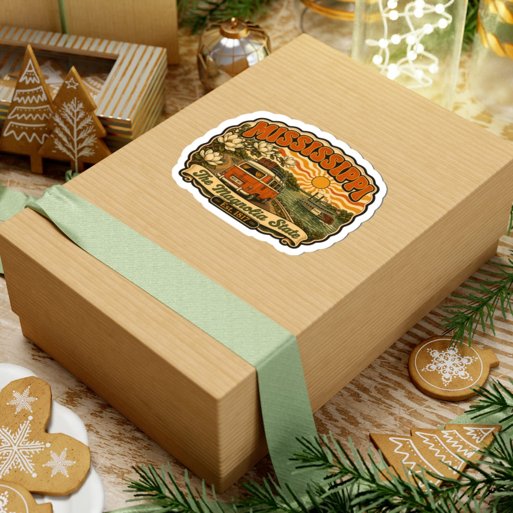 Mississippi retro state sticker on a wrapped wooden gift box with riverboat and van art